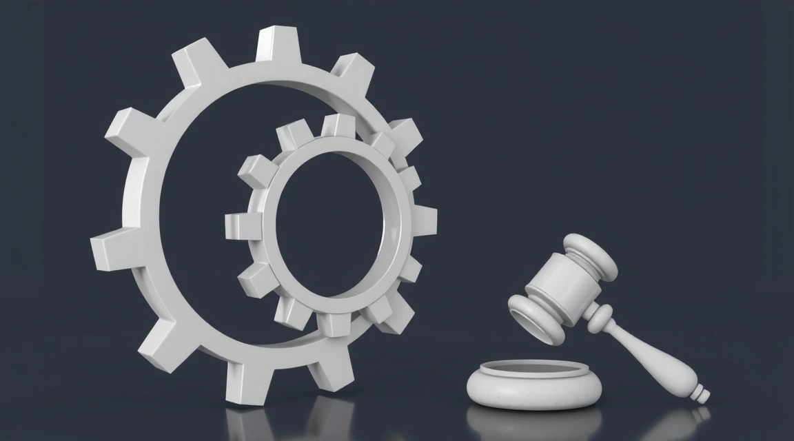 Abstract gears and legal gavel symbolizing legal framework and dispute resolution