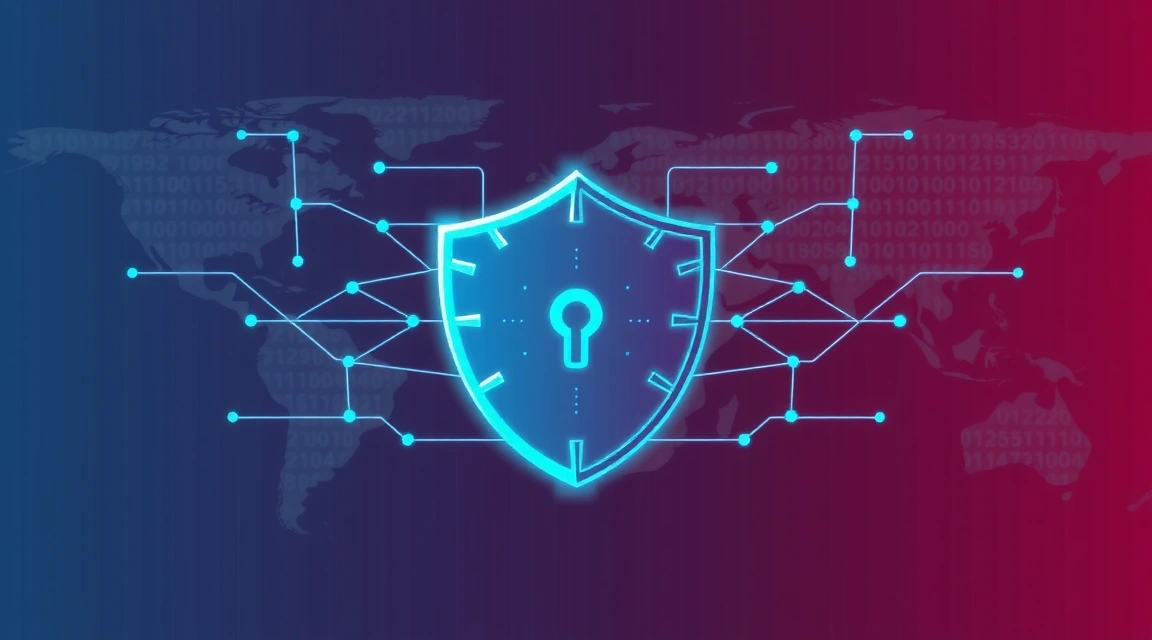 Digital security shield with lines of code and a globe mesh